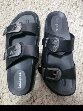 Indigo Black Double-Buckle Slide Sandals Size 8.5